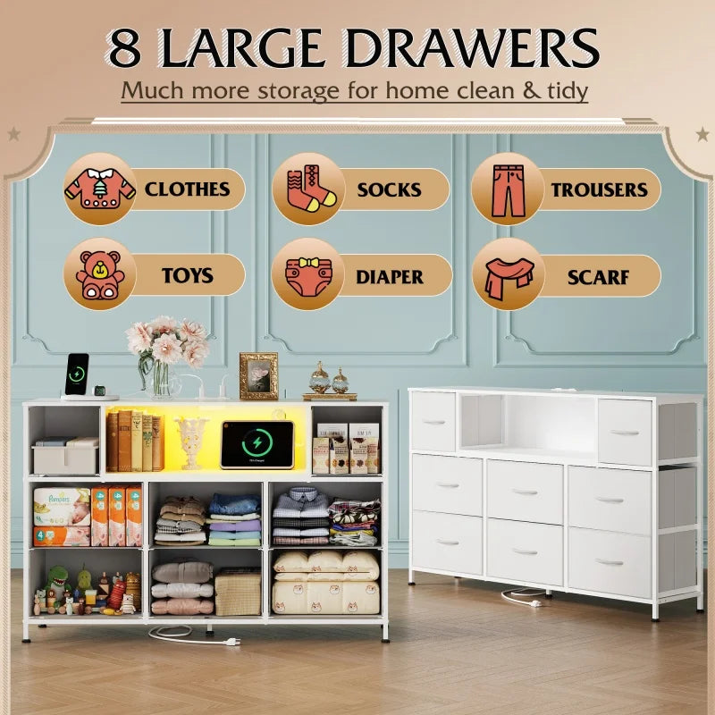 Ljustra 8 Drawer Fabric Dresser Charging Station LED Lights TV Stand