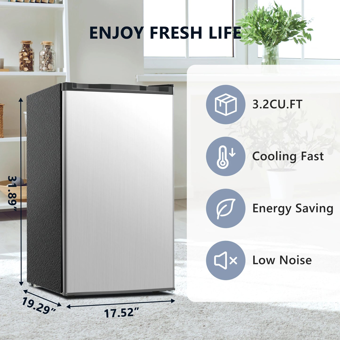 Ljustra 3.2 Cu.Ft Mini Fridge Freezer Compact Refrigerator for Dorm Office
