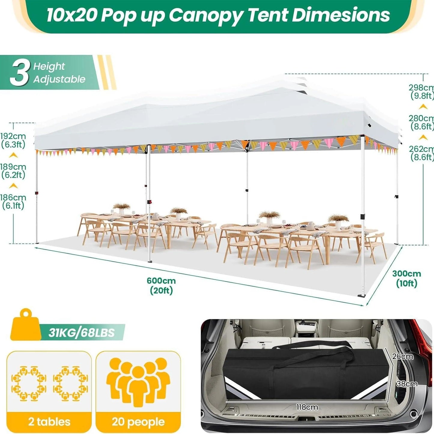 10x20ft Commercial Grade Canopy Tent with Quick-Lock System & Walls