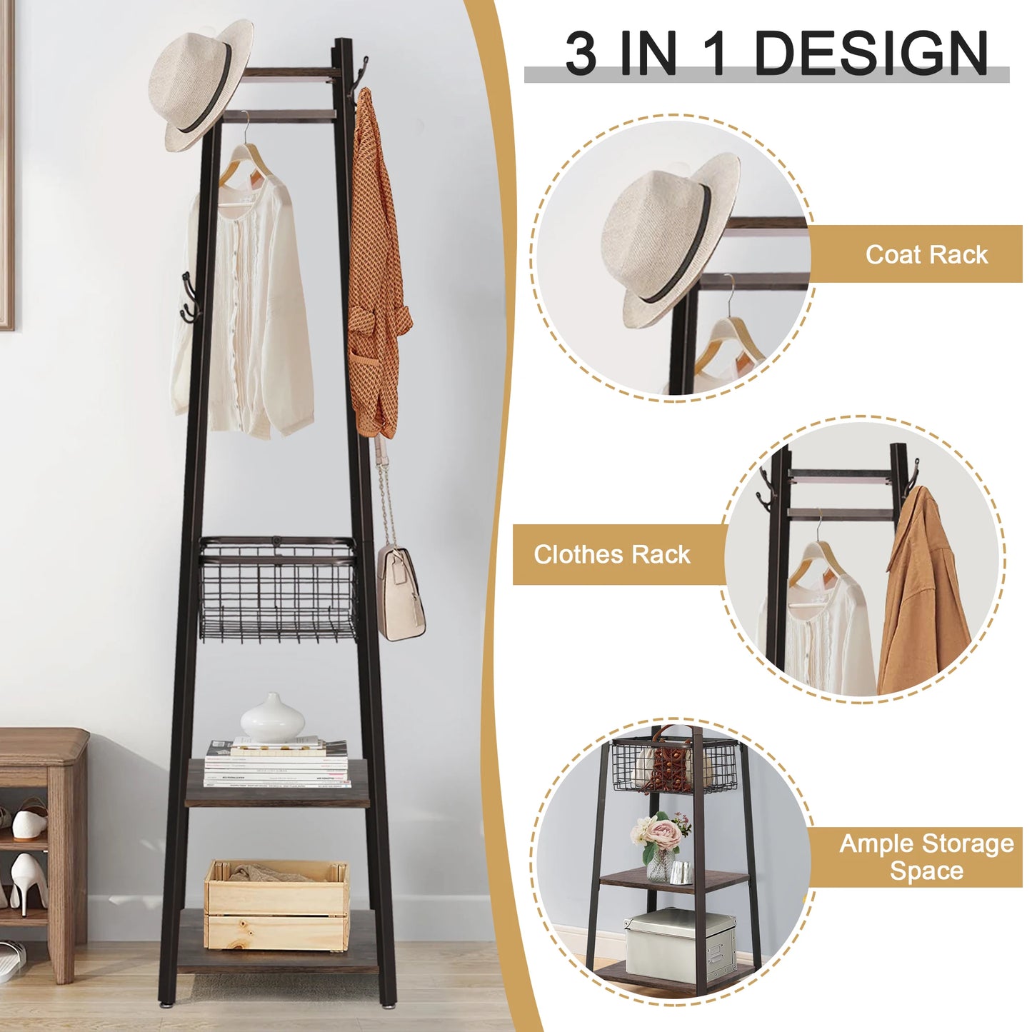 Ljustra Freestanding Coat Rack Stand with 8 Hooks for Living Room