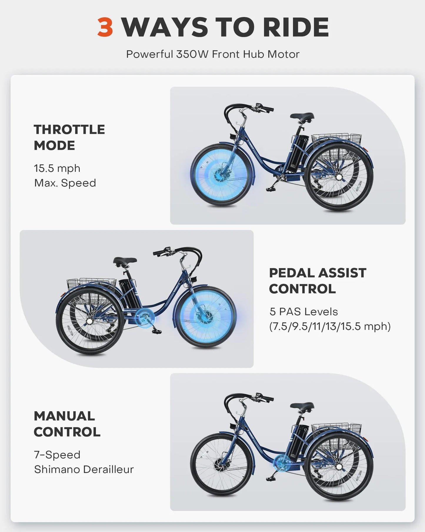 24'' 26'' Electric Tricycle for Adults 350W Motor 7 Speed Trike