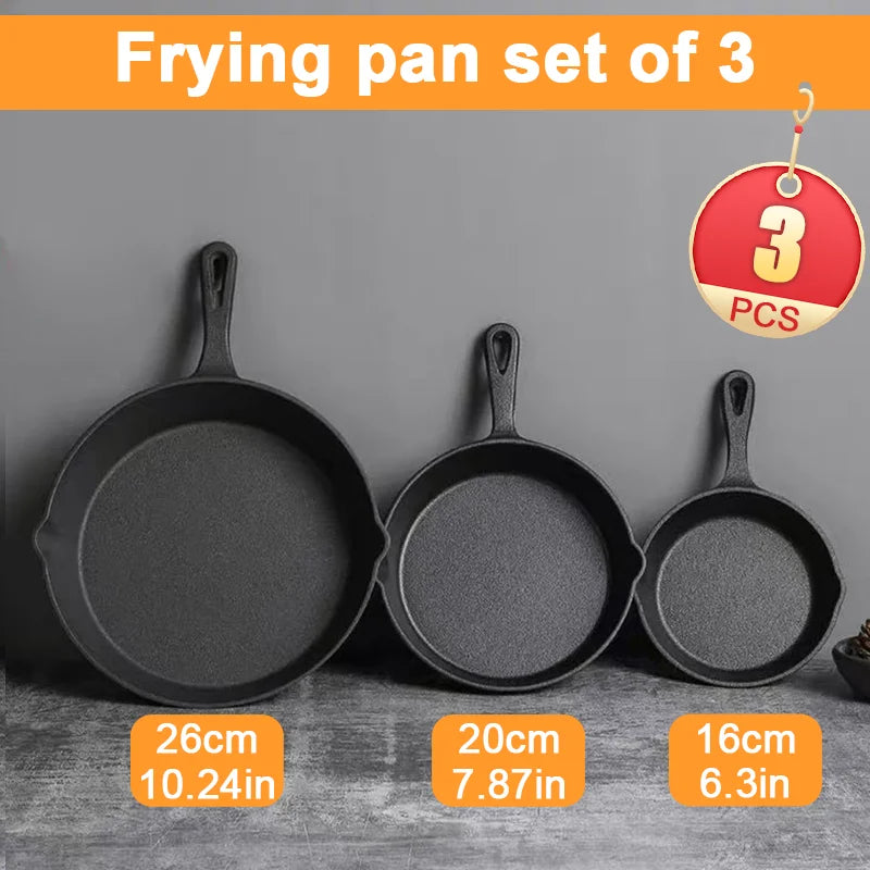 3 Piece Cast Iron Skillet Set Uncoated Frying Pans for All Stovetops