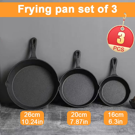 3 Piece Cast Iron Skillet Set Uncoated Frying Pans for All Stovetops