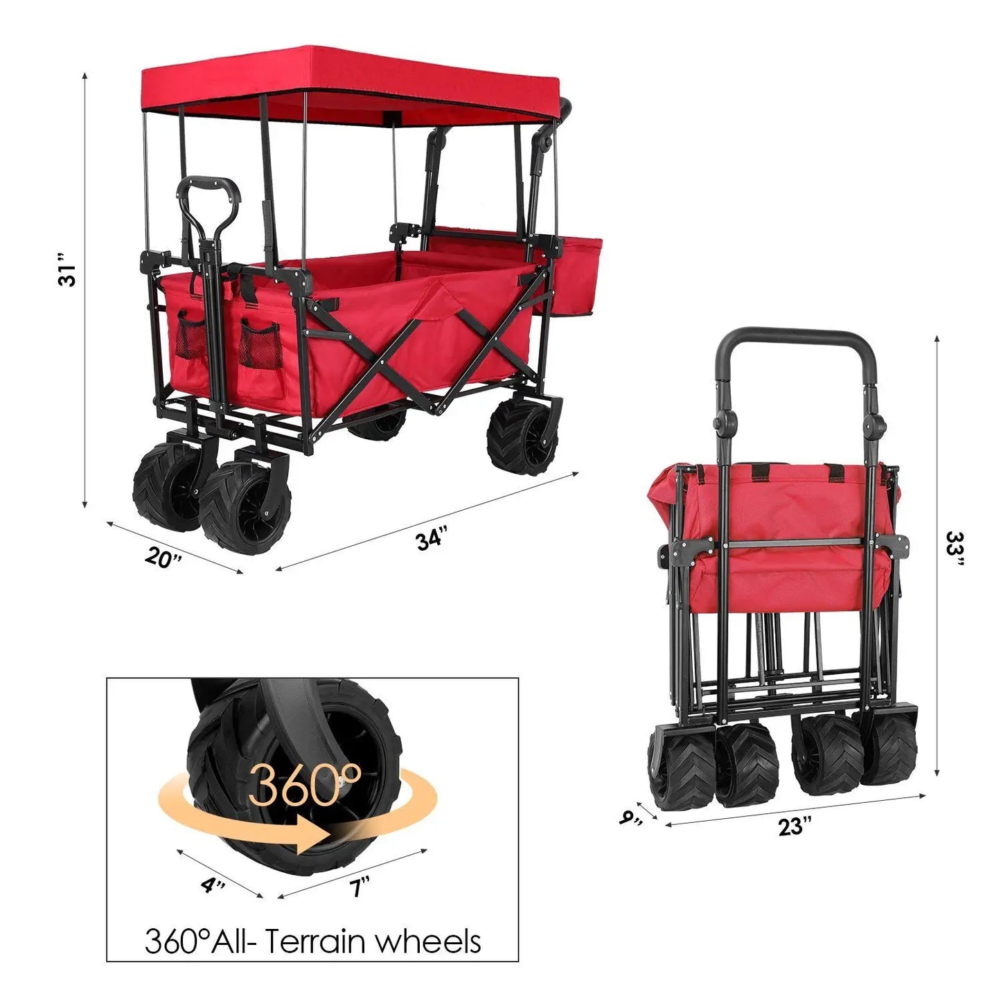 Foldable Handcart with Roof 115kg Off-Road Transport Trolley