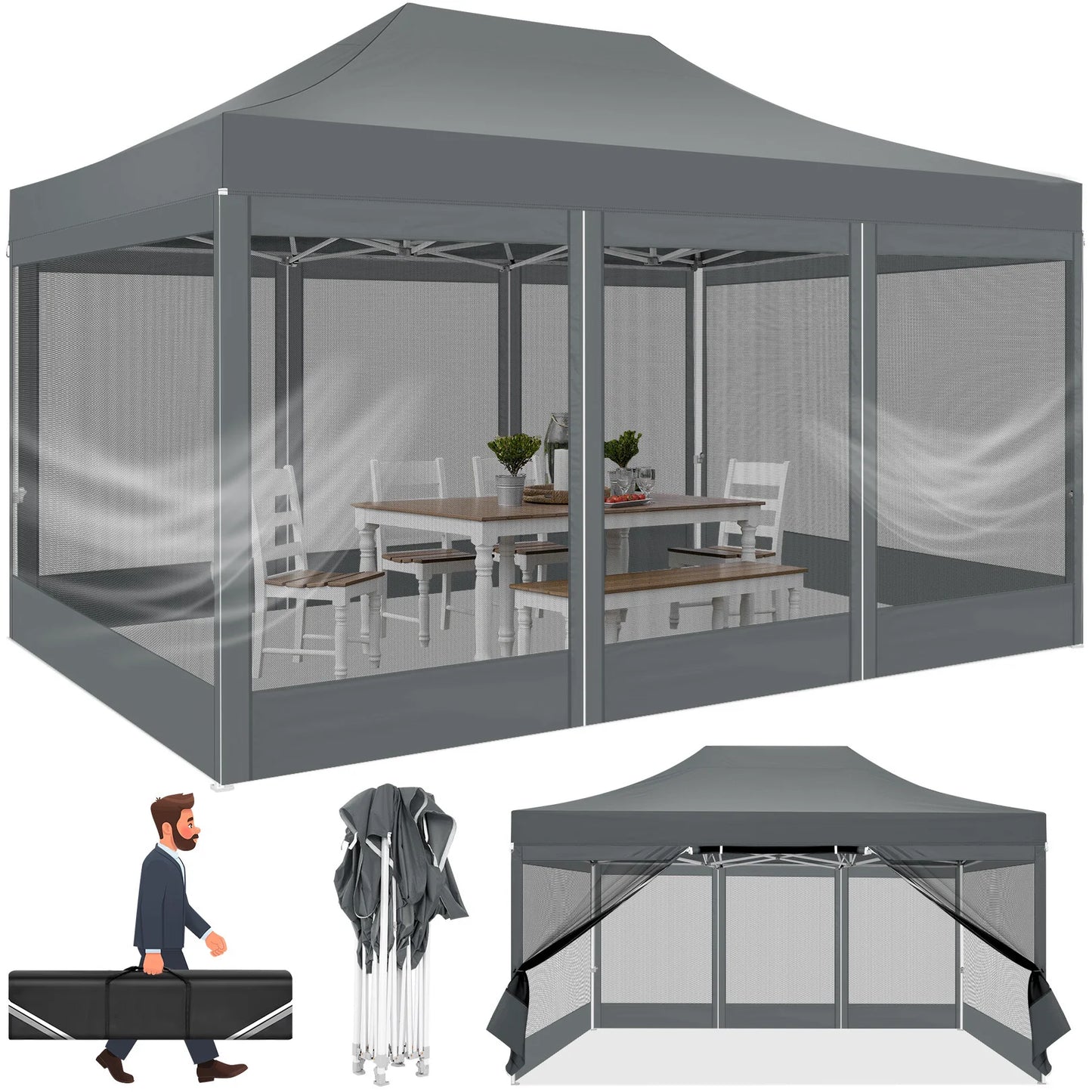 Heavy Duty 10x15 FT Pop Up Canopy Tent with Mosquito Netting Sidewalls