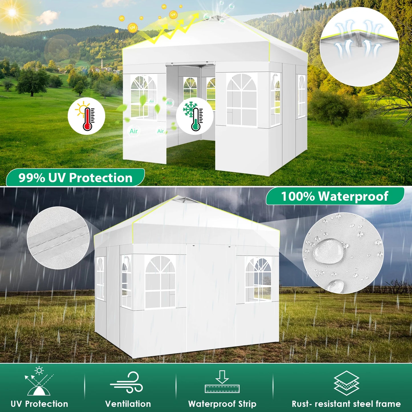 10x10 Pop Up Canopy Tent Waterproof Adjustable Height Outdoor Gazebo