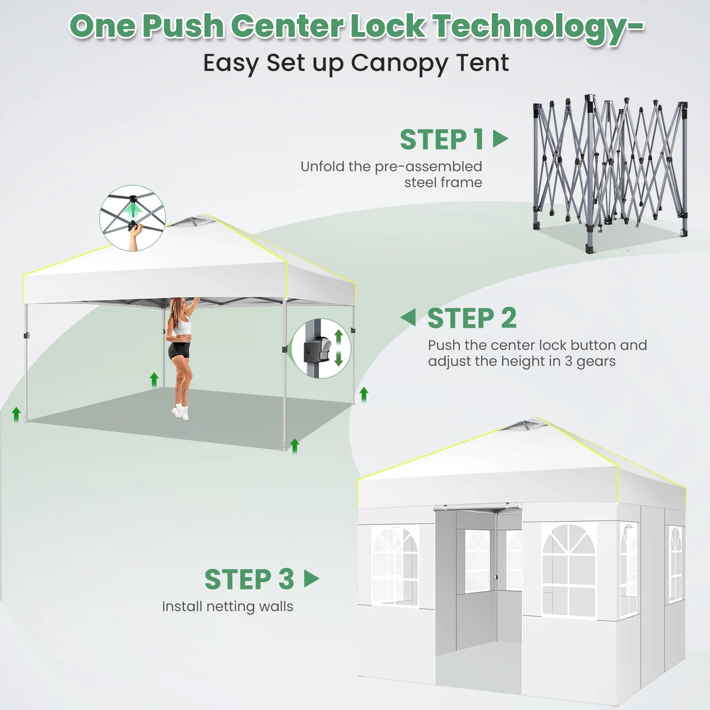 10x10 Pop Up Canopy Tent Waterproof Adjustable Height Outdoor Gazebo