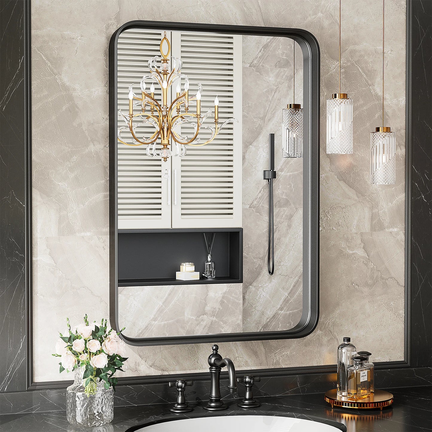 Matte Metal Framed Bathroom Mirror Rounded Corner Tempered Glass