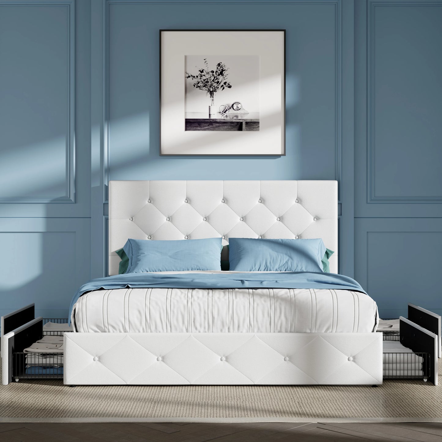 Ljustra Platform Storage Bed Frame 4 Drawers Adjustable Headboard Modern
