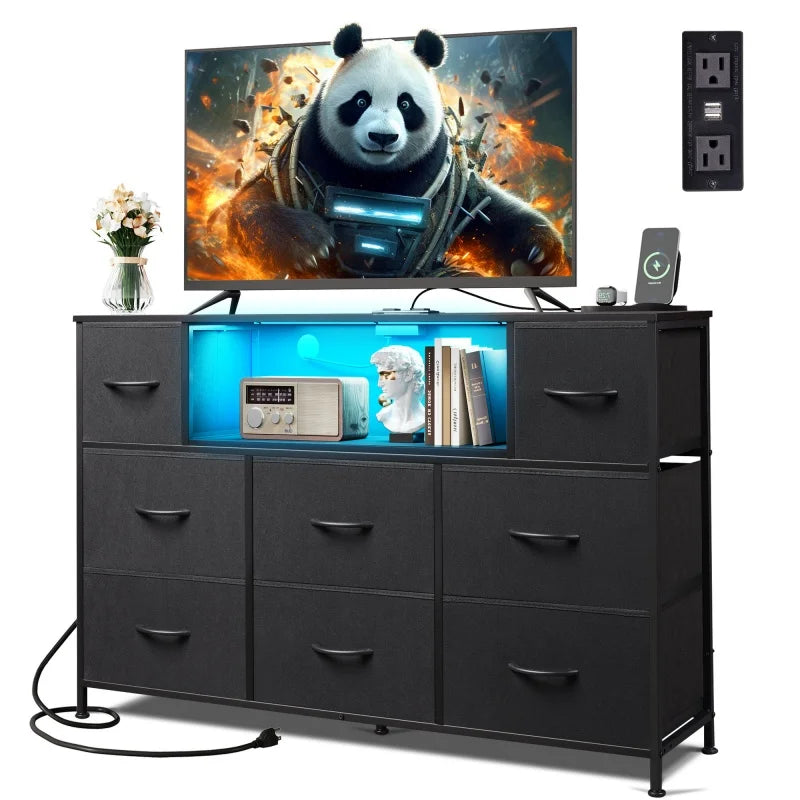 Ljustra 8 Drawer Fabric Dresser Charging Station LED Lights TV Stand
