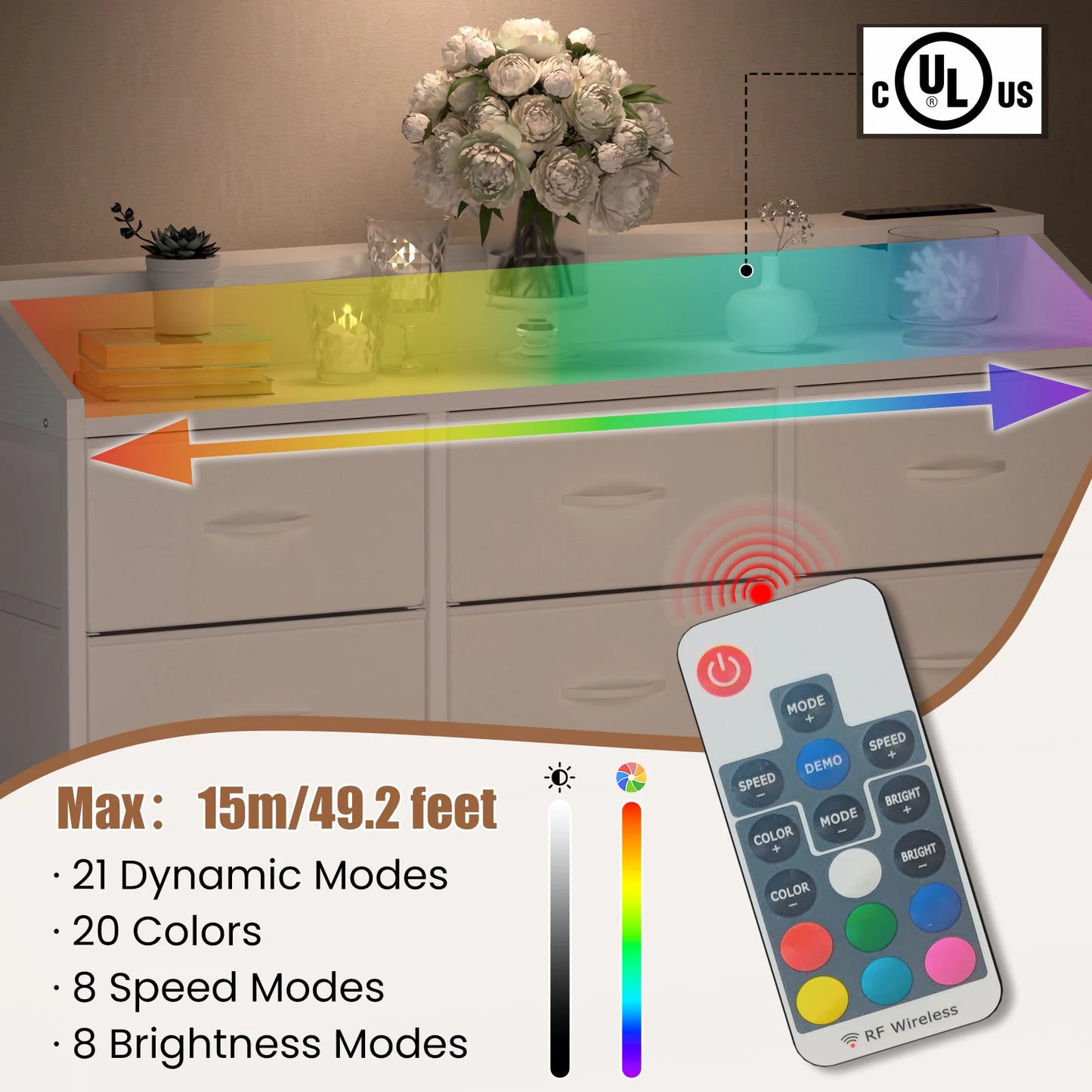 Dresser with 9 Drawers LED Lights Charging Station for Bedroom Furniture