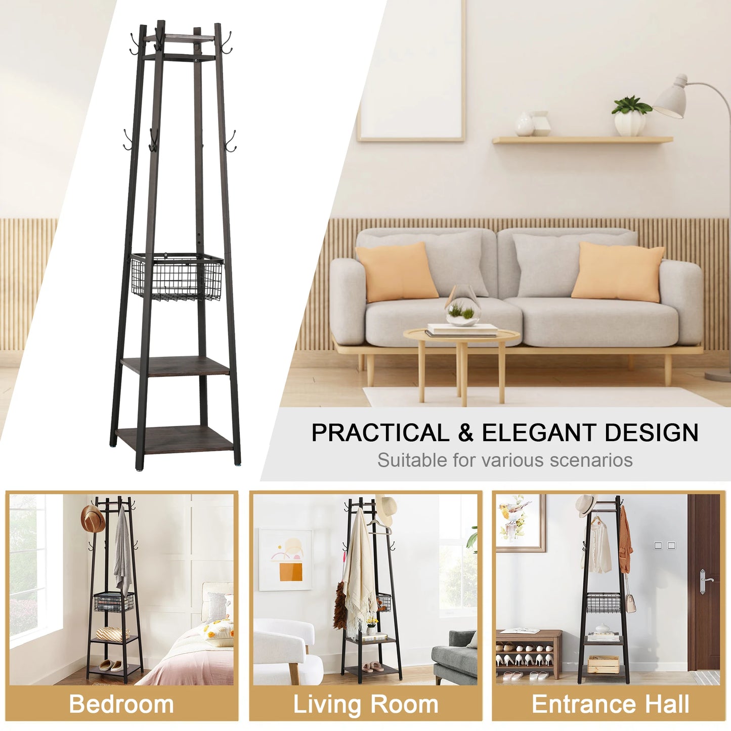 Ljustra Freestanding Coat Rack Stand with 8 Hooks for Living Room