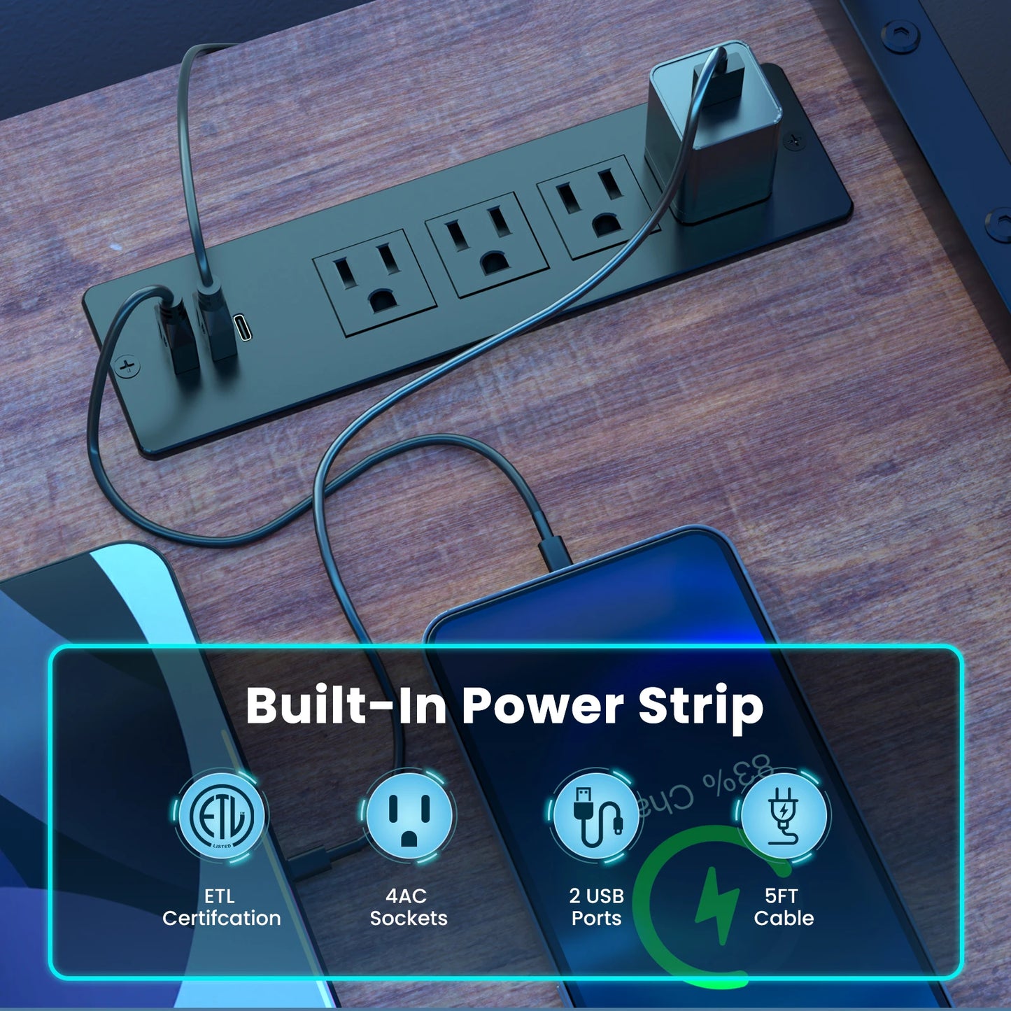 L Shaped Gaming Desk with Power Outlet and RGB LED Lights 67 Inch