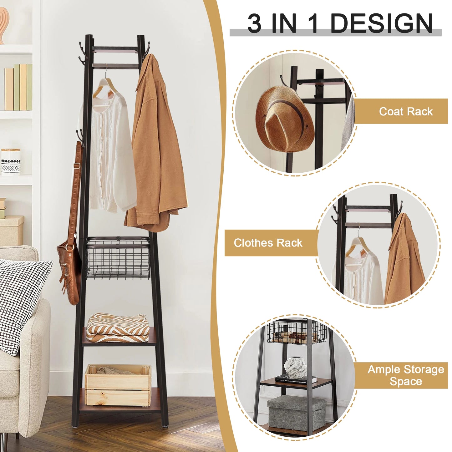 Ljustra Freestanding Coat Rack Stand with 8 Hooks for Living Room