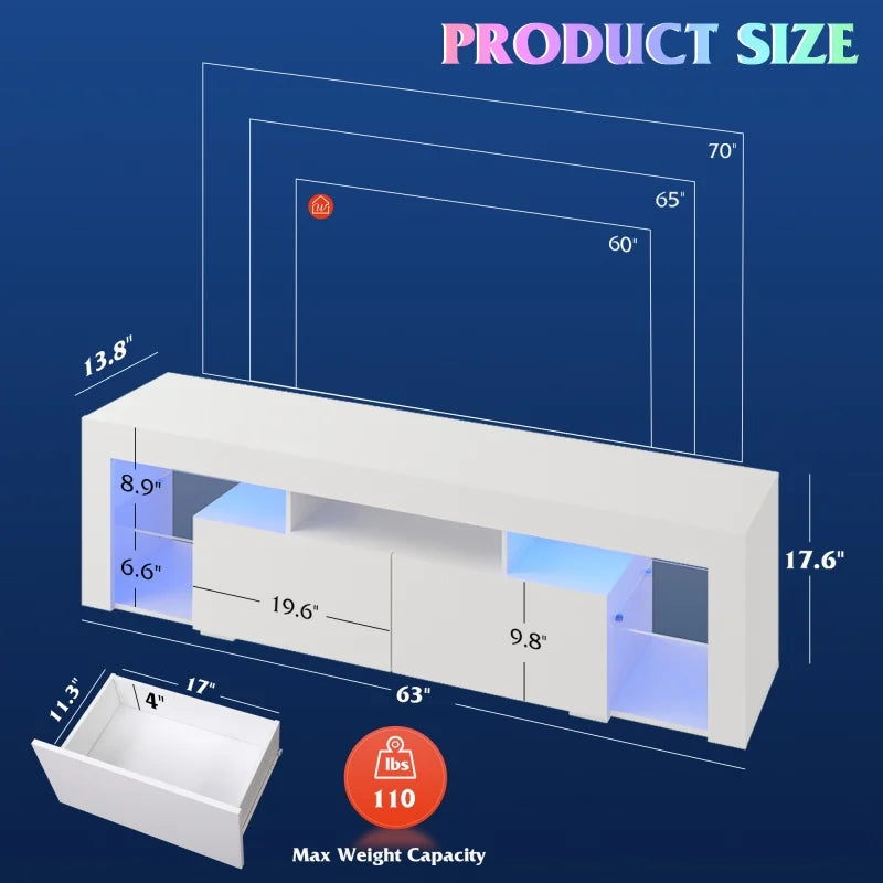 Ljustra Modern 63 Inch TV Stand with LED Lights for 60-70 Inch TV
