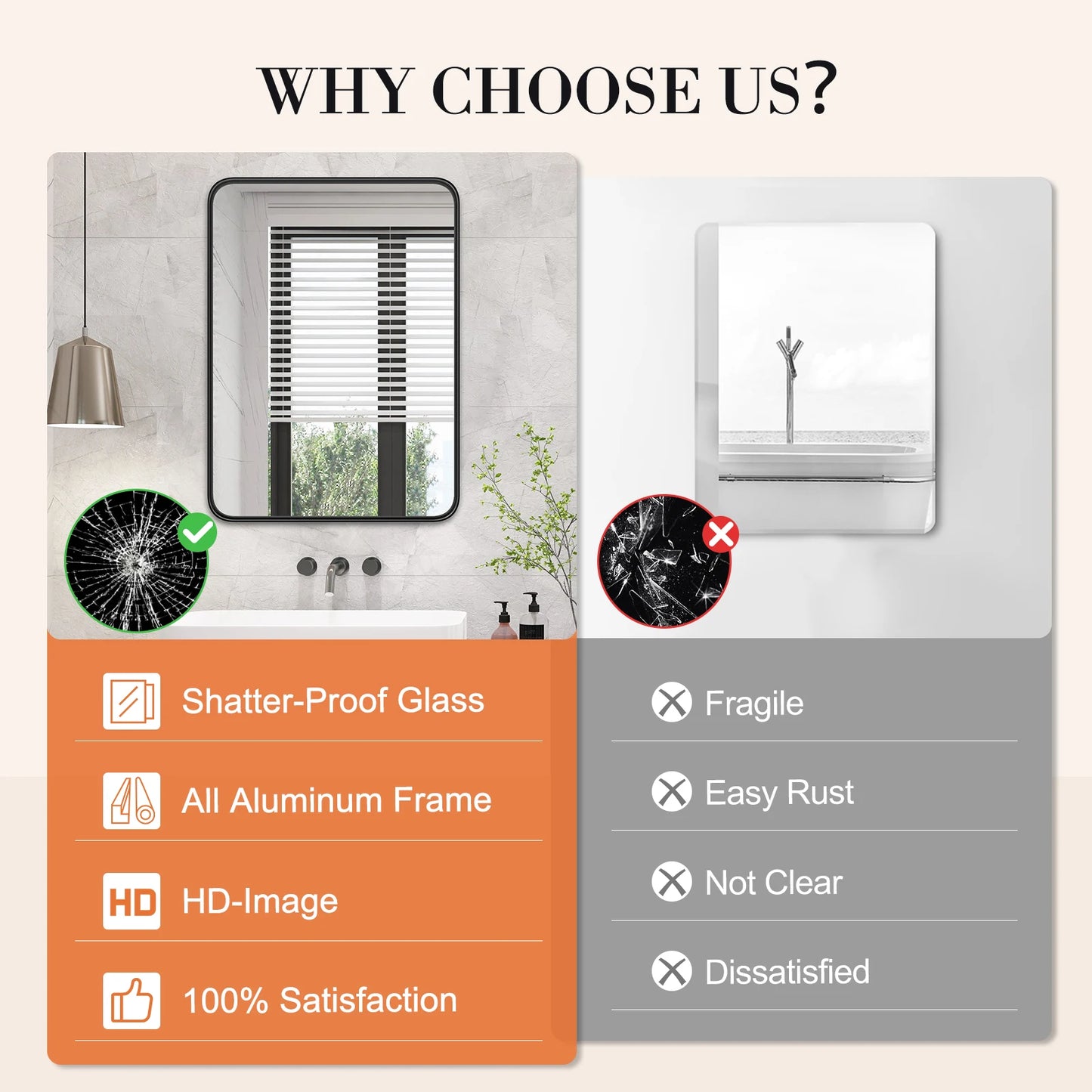 Matte Metal Framed Bathroom Mirror Rounded Corner Tempered Glass