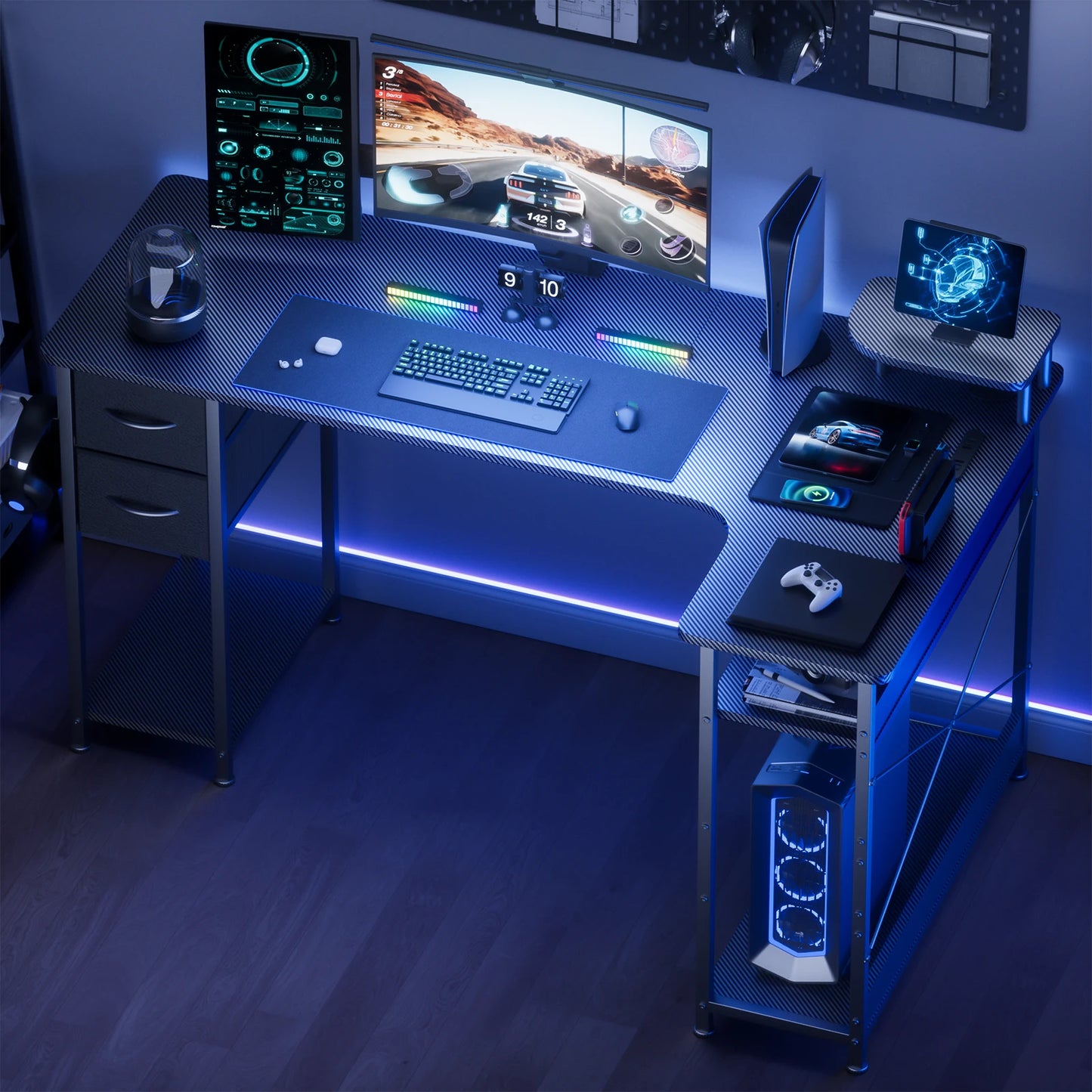 L-Shape Gaming Desk Carbon Fiber Computer Desk with Monitor Arm Storage