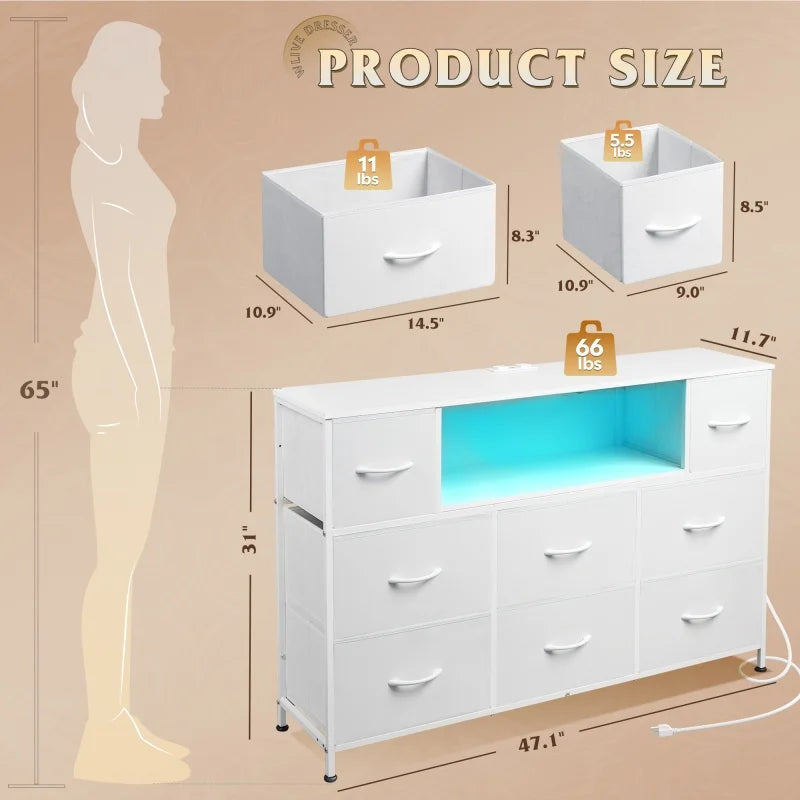 Ljustra 8 Drawer Fabric Dresser Charging Station LED Lights TV Stand