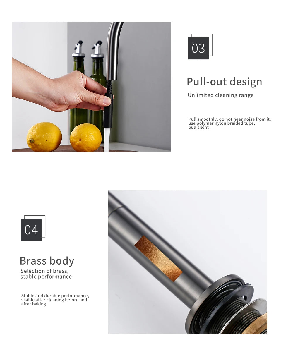 Pull Down Kitchen Sink Faucet Brushed Gunmetal Single Handle Brass Sprayer