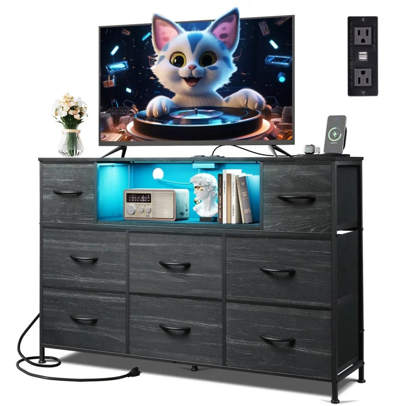 Ljustra 8 Drawer Fabric Dresser Charging Station LED Lights TV Stand