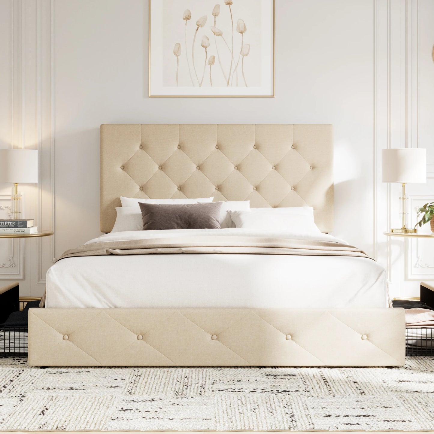 Ljustra Platform Storage Bed Frame 4 Drawers Adjustable Headboard Modern