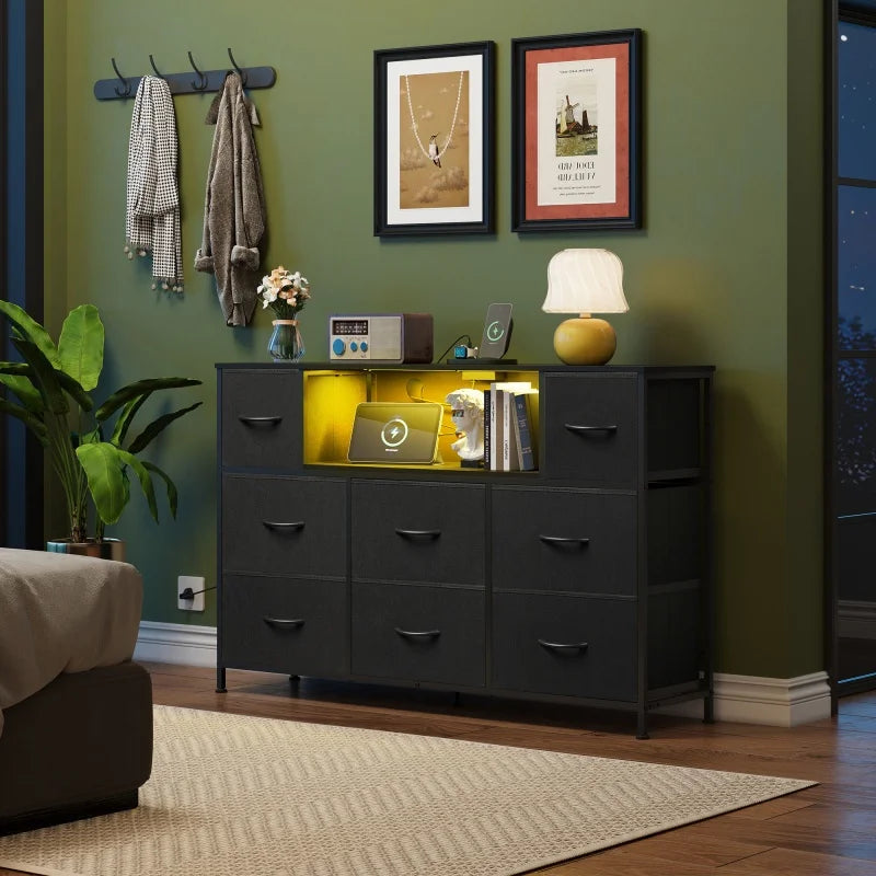 Ljustra 8 Drawer Fabric Dresser Charging Station LED Lights TV Stand