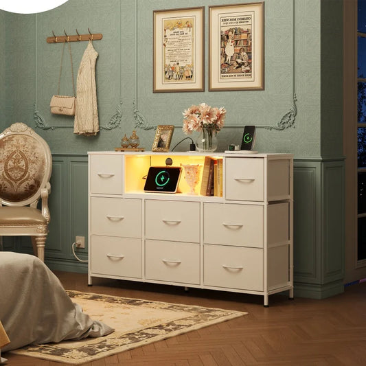 Ljustra 8 Drawer Fabric Dresser Charging Station LED Lights TV Stand