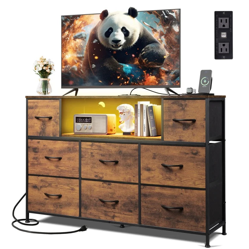 Ljustra 8 Drawer Fabric Dresser Charging Station LED Lights TV Stand