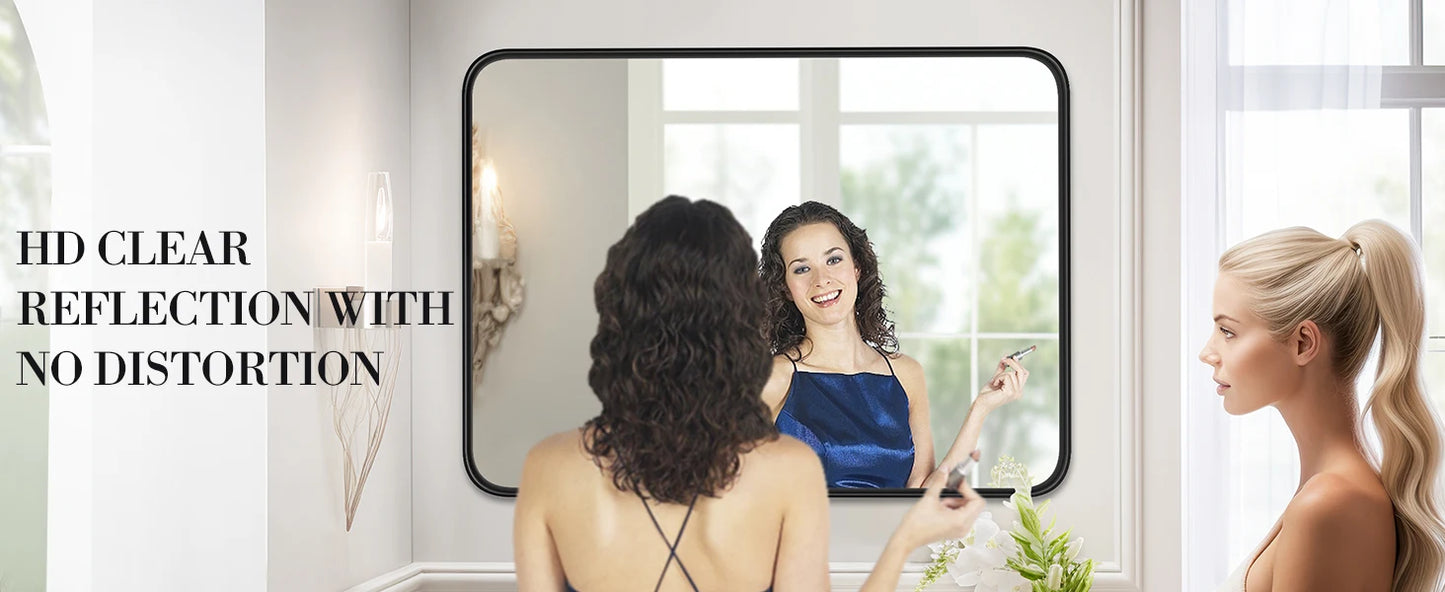 Matte Metal Framed Bathroom Mirror Rounded Corner Tempered Glass