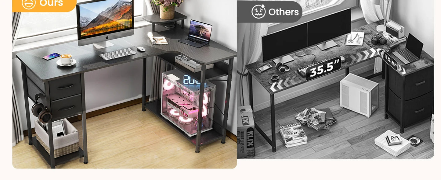 L-Shape Gaming Desk Carbon Fiber Computer Desk with Monitor Arm Storage