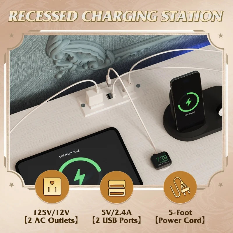 Ljustra 8 Drawer Fabric Dresser Charging Station LED Lights TV Stand