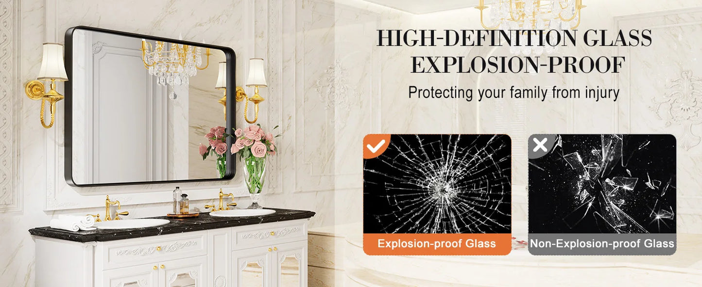 Matte Metal Framed Bathroom Mirror Rounded Corner Tempered Glass