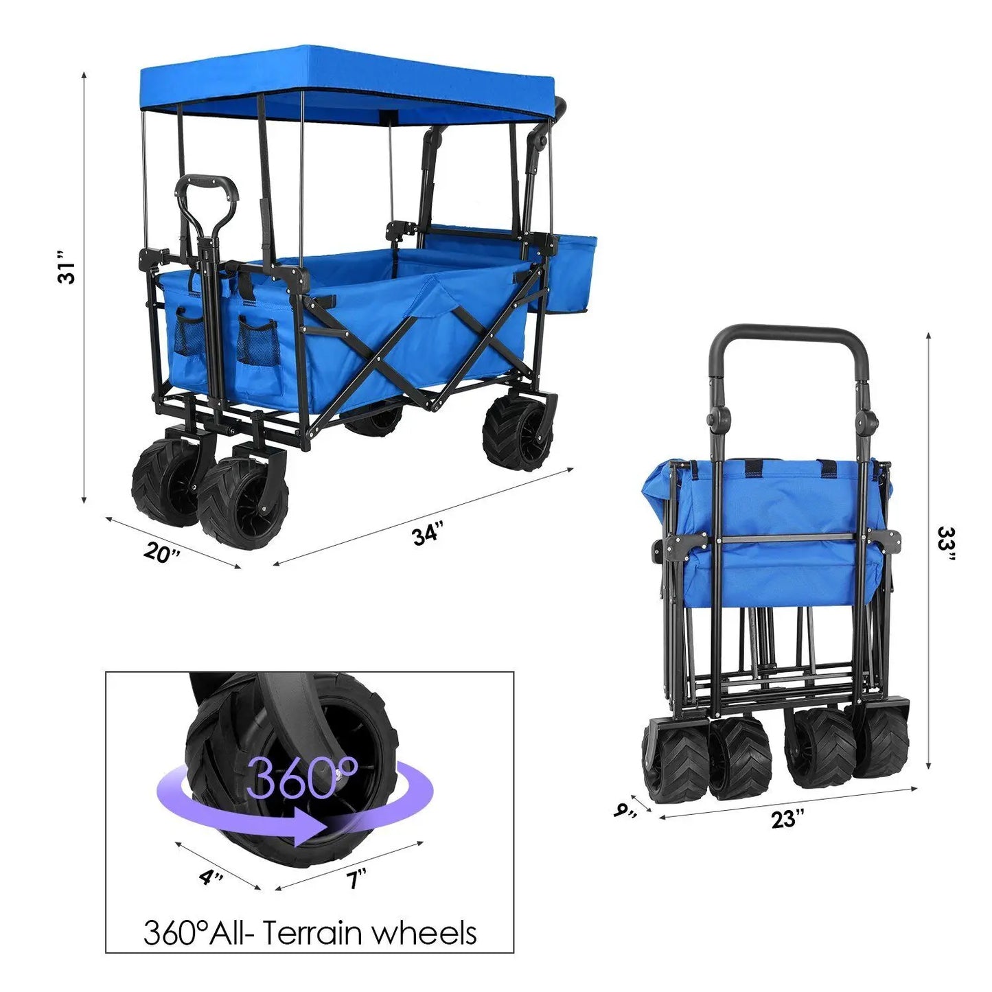 Foldable Handcart with Roof 115kg Off-Road Transport Trolley