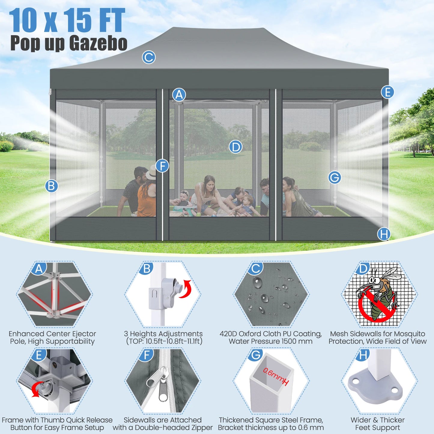 Heavy Duty 10x15 FT Pop Up Canopy Tent with Mosquito Netting Sidewalls