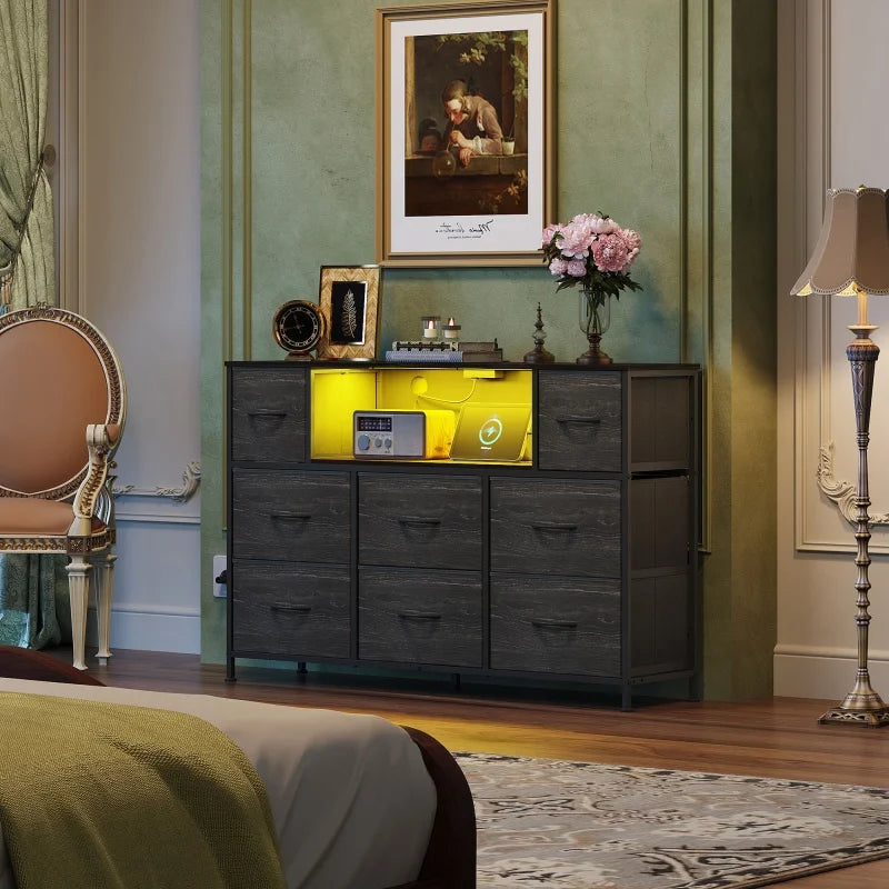 Ljustra 8 Drawer Fabric Dresser Charging Station LED Lights TV Stand