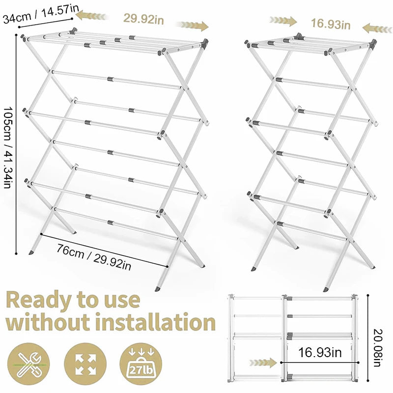 Foldable Floor-Standing Drying Rack Extendable Retractable Three Layers