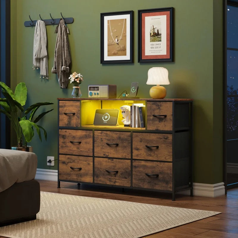 Ljustra 8 Drawer Fabric Dresser Charging Station LED Lights TV Stand