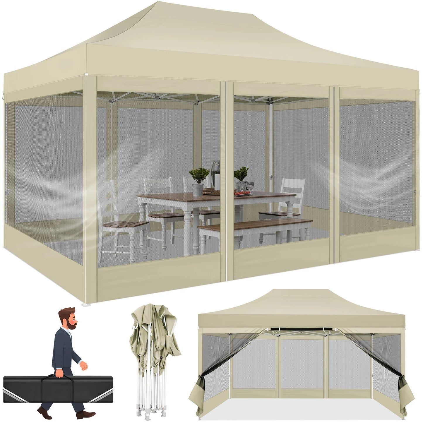 Heavy Duty 10x15 FT Pop Up Canopy Tent with Mosquito Netting Sidewalls