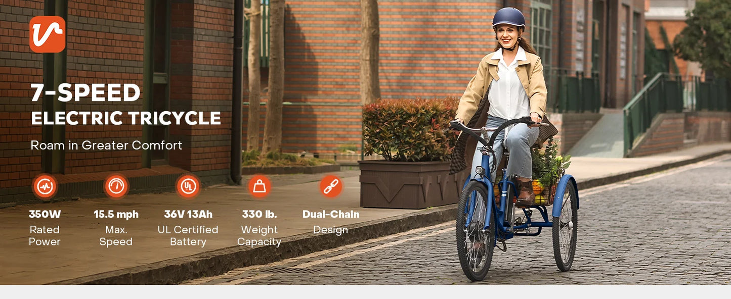 24'' 26'' Electric Tricycle for Adults 350W Motor 7 Speed Trike