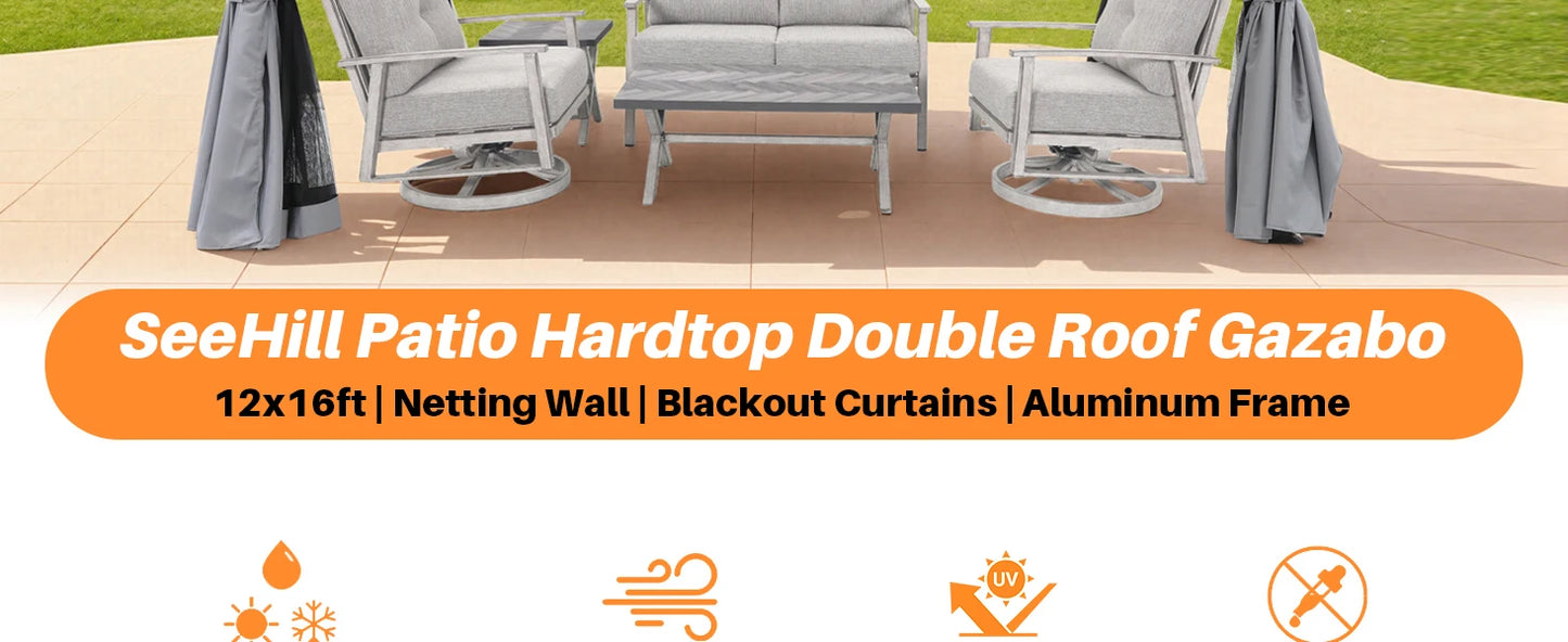 Ljustra 12x16 Outdoor Hardtop Gazebo Aluminum Frame with Netting Curtains