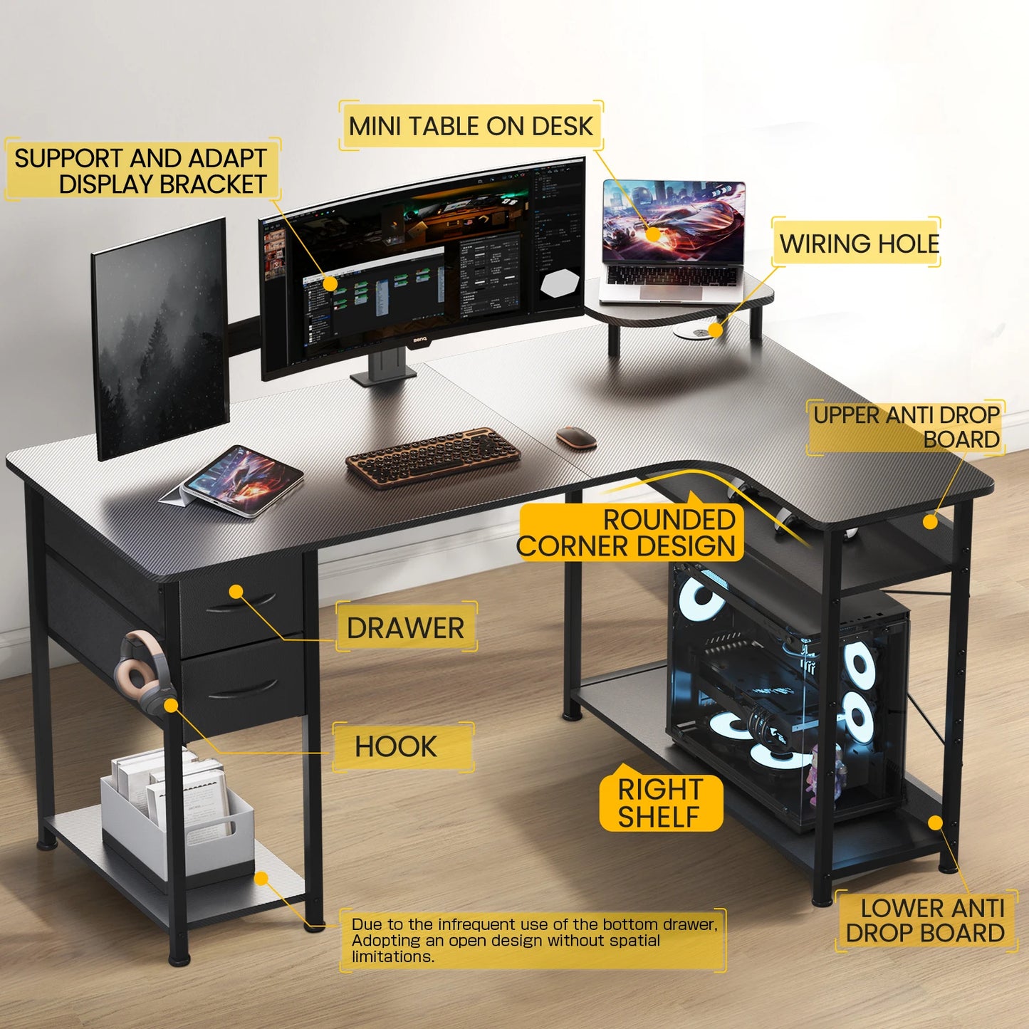 L-Shape Gaming Desk Carbon Fiber Computer Desk with Monitor Arm Storage