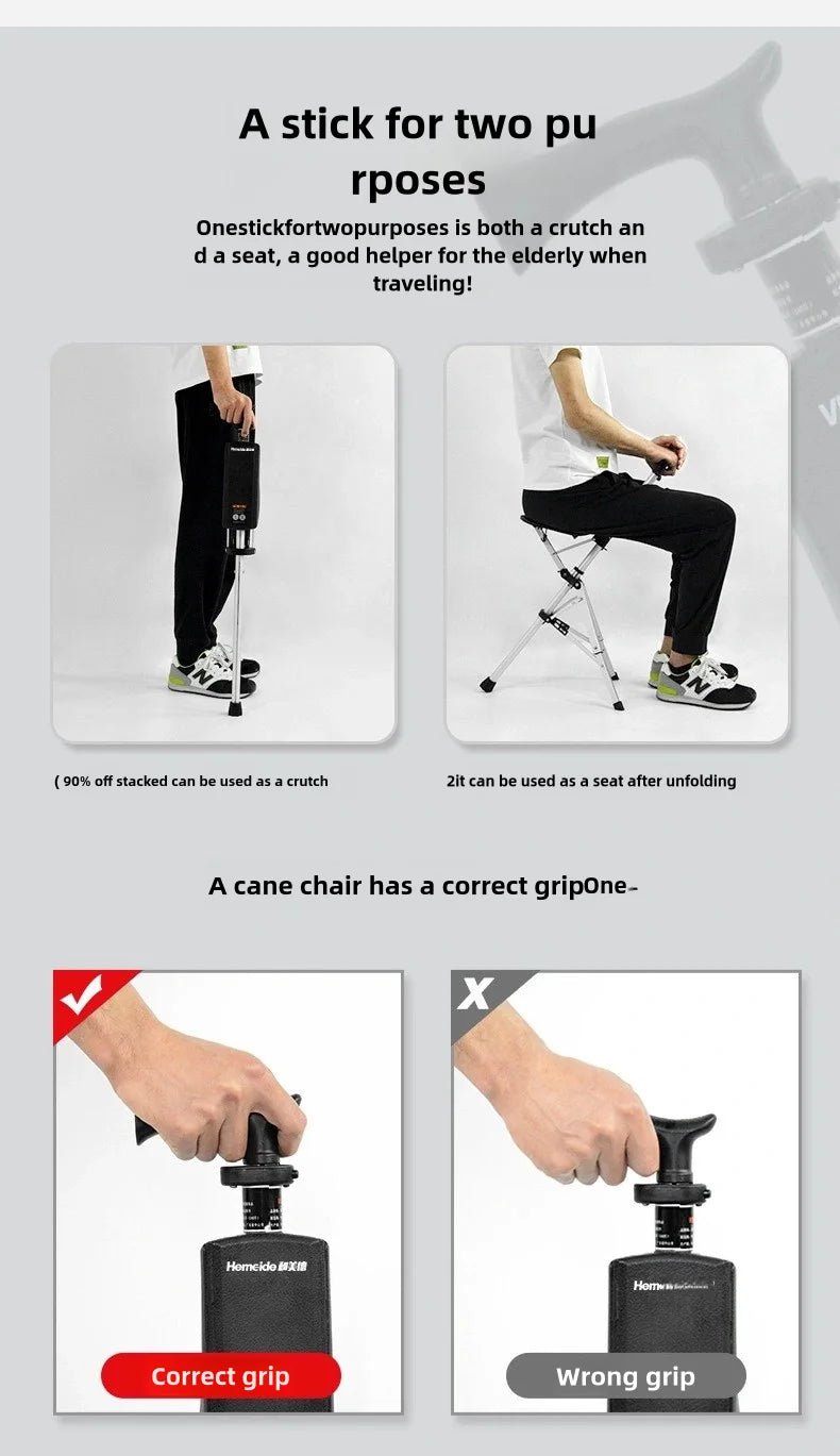 Portable Folding Cane Chair 2-in-1 Outdoor Travel Seat Lightweight