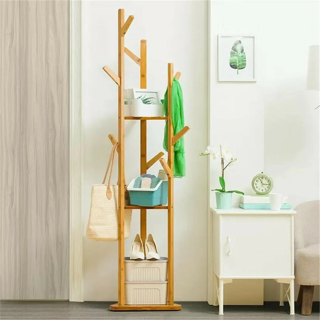 Bamboo Coat Rack Tree with 9 Hooks and 3-Layer Shelf Stand for Home