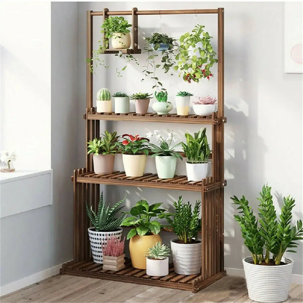3-Tier Hanging Wood Plant Stand Indoor Outdoor Flower Pot Organizer Rack