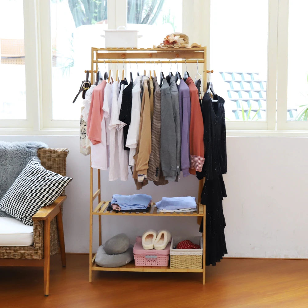 Ljustra Heavy Duty Bamboo Garment Rack with Shelves and Hooks