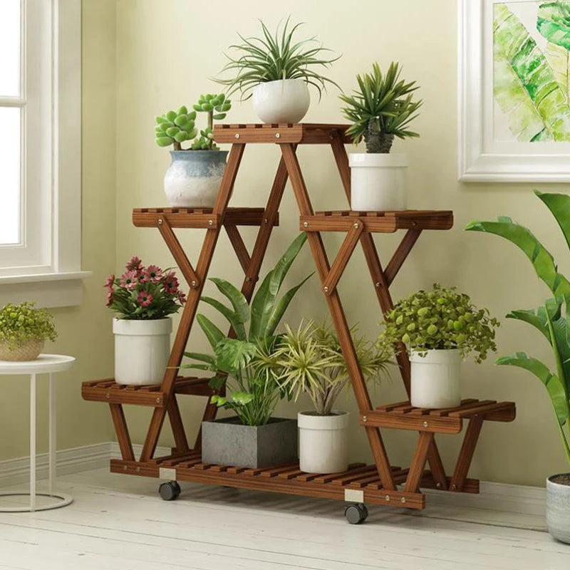 Triangular Plant Shelf with Wheels 6-Tier Carbonized Wood Display Rack
