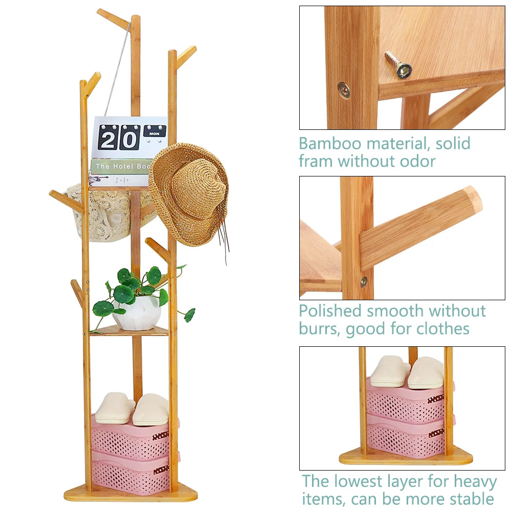 Bamboo Coat Rack Tree with 9 Hooks and 3-Layer Shelf Stand for Home