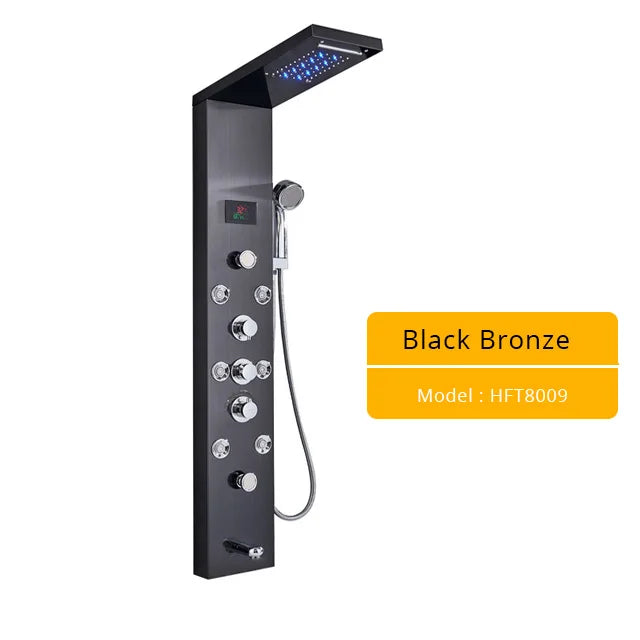 Brushed Nickel LED Shower Panel Wall Mounted Rainfall Digital Screen