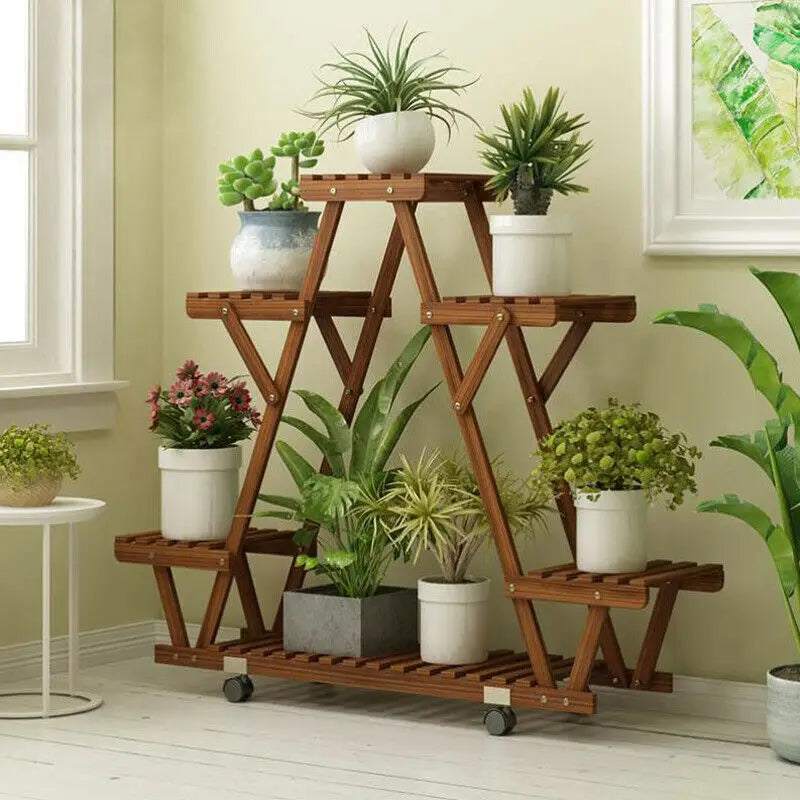 Triangular Plant Shelf with Wheels 6-Tier Carbonized Wood Display Rack