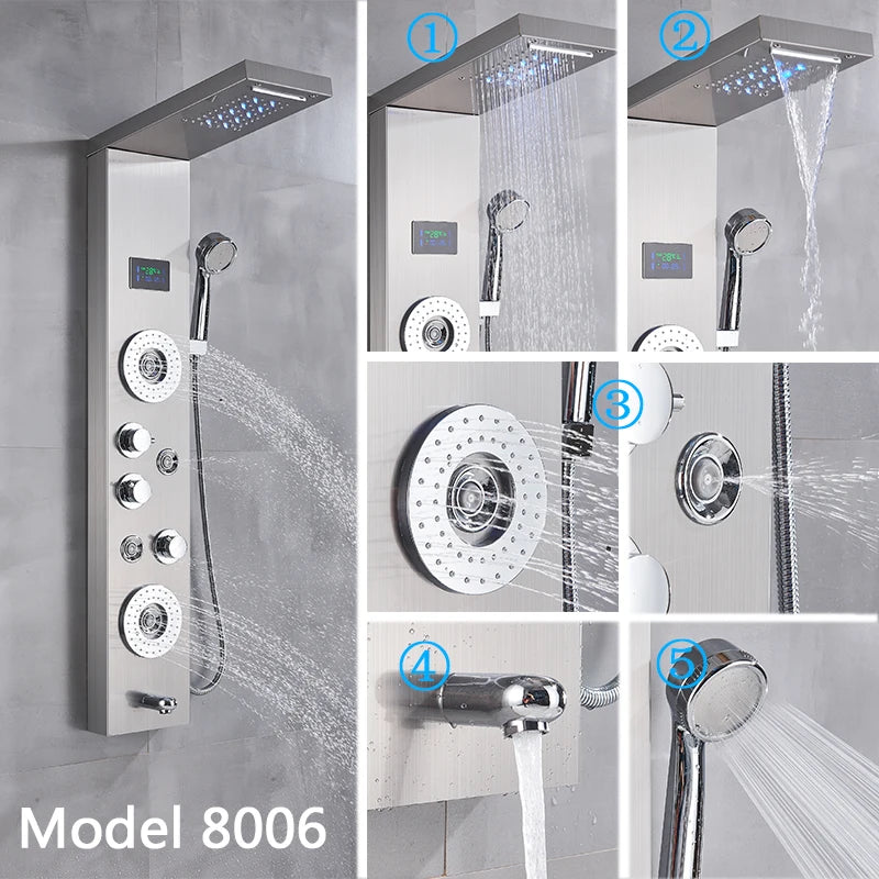 Brushed Nickel LED Shower Panel Wall Mounted Rainfall Digital Screen